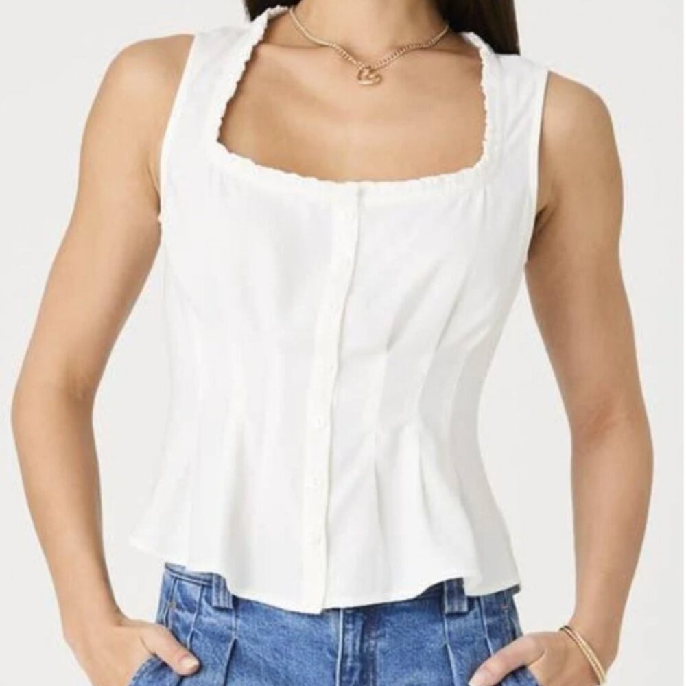 French Connection Women's White Ruffle Trim Sleeveless Button-Up Top